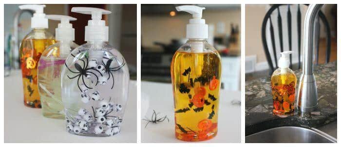 Want a super simple Halloween craft that will make kids pumped for the upcoming holiday and help fight off those fall colds that are going around? Grab some clear hand soap (or hand sanitizer) and raid the dollar section for plastic spiders, bats and skulls to create this super easy Halloween hand soap that's sure to have the whole house sudsing up before every meal.